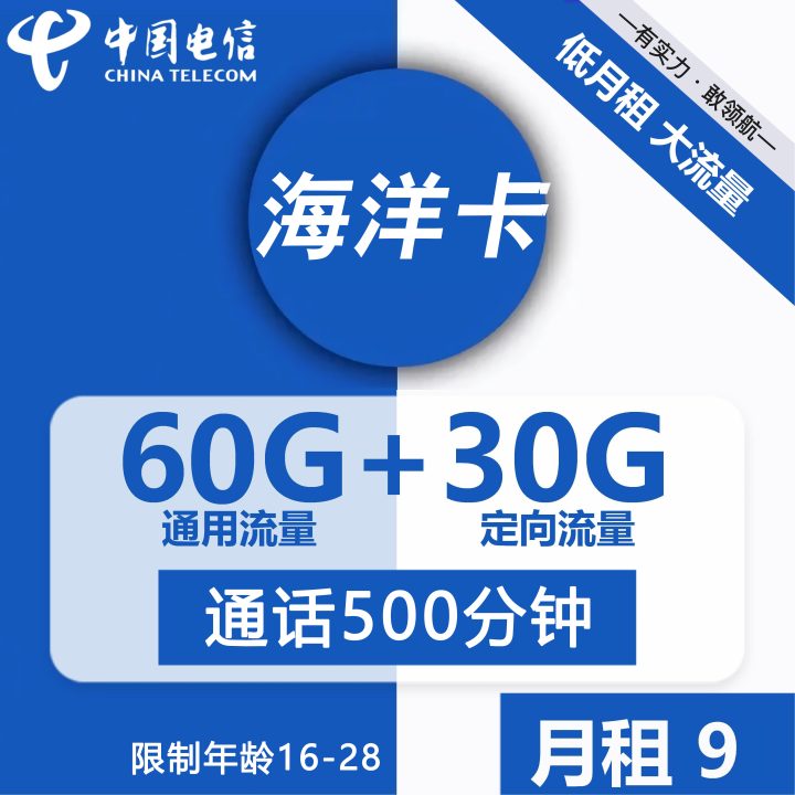 1084 | 电信海洋卡9元包60G通用流量+30G定向流量+500分钟通话-1