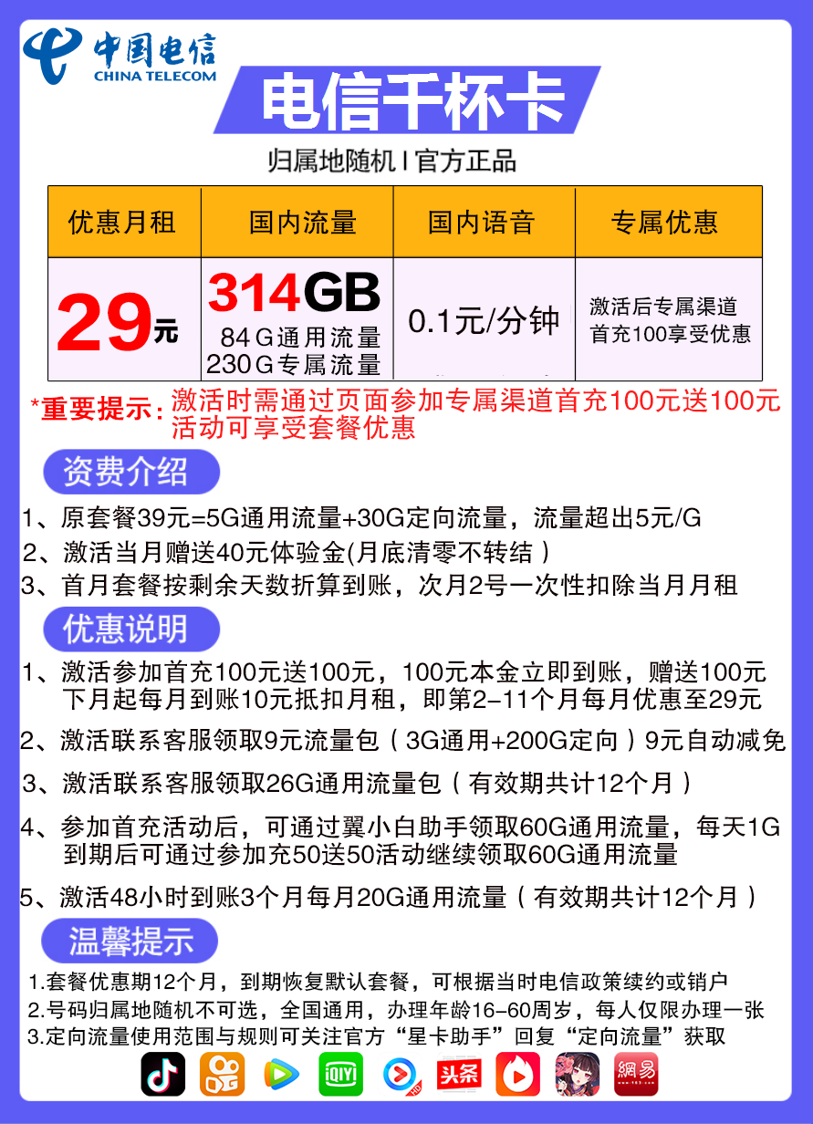 电信千杯卡 29元包84G通用流量+230G定向流量-2