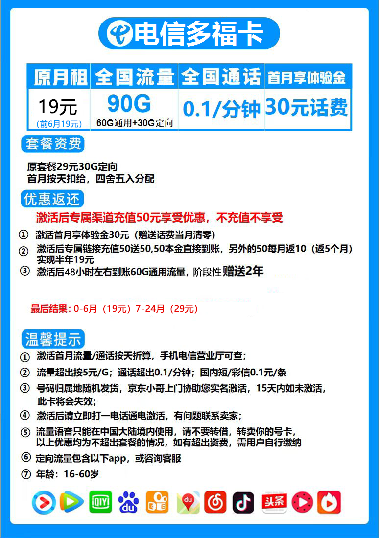 电信多福卡 19元月租包60G通用流量+30G定向流量-2