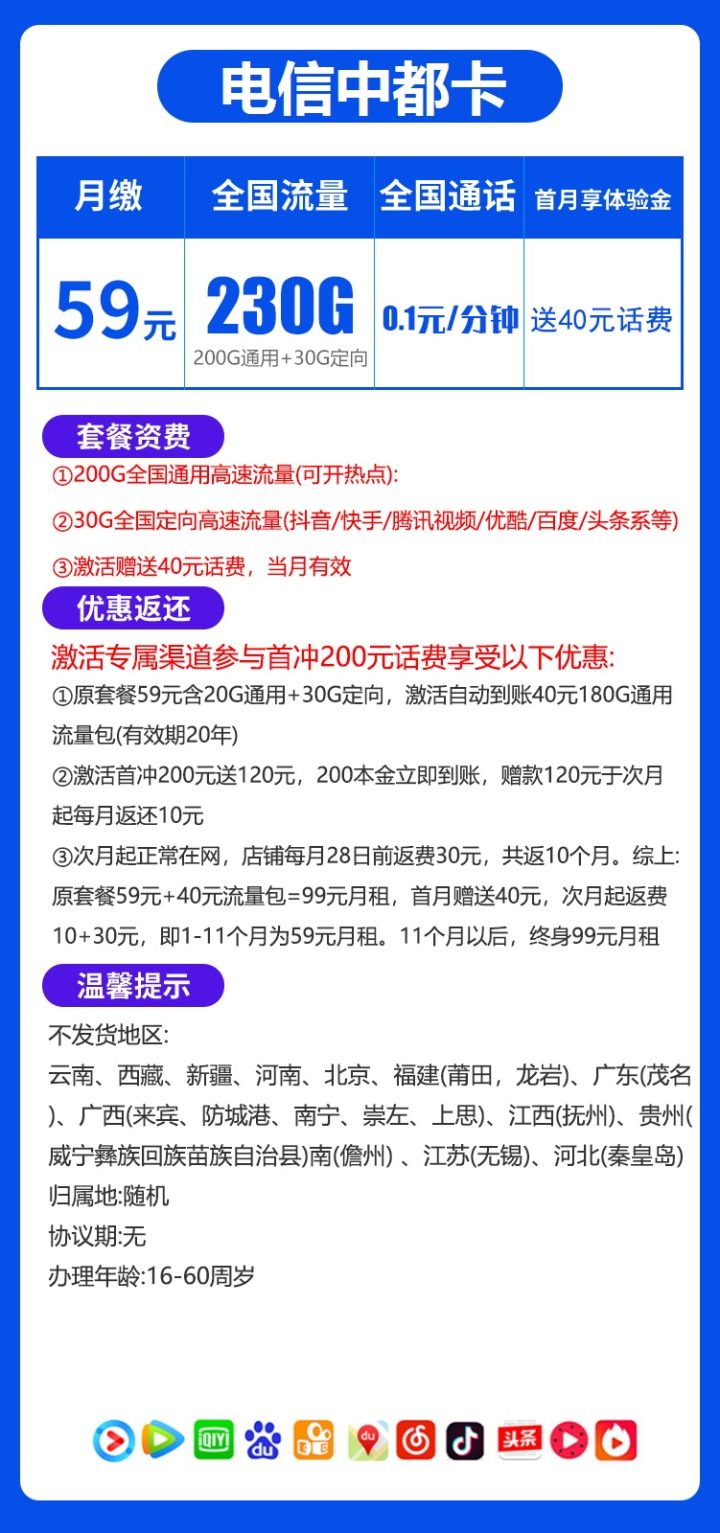 电信中都卡 59元包200G通用流量+30G定向流量-2