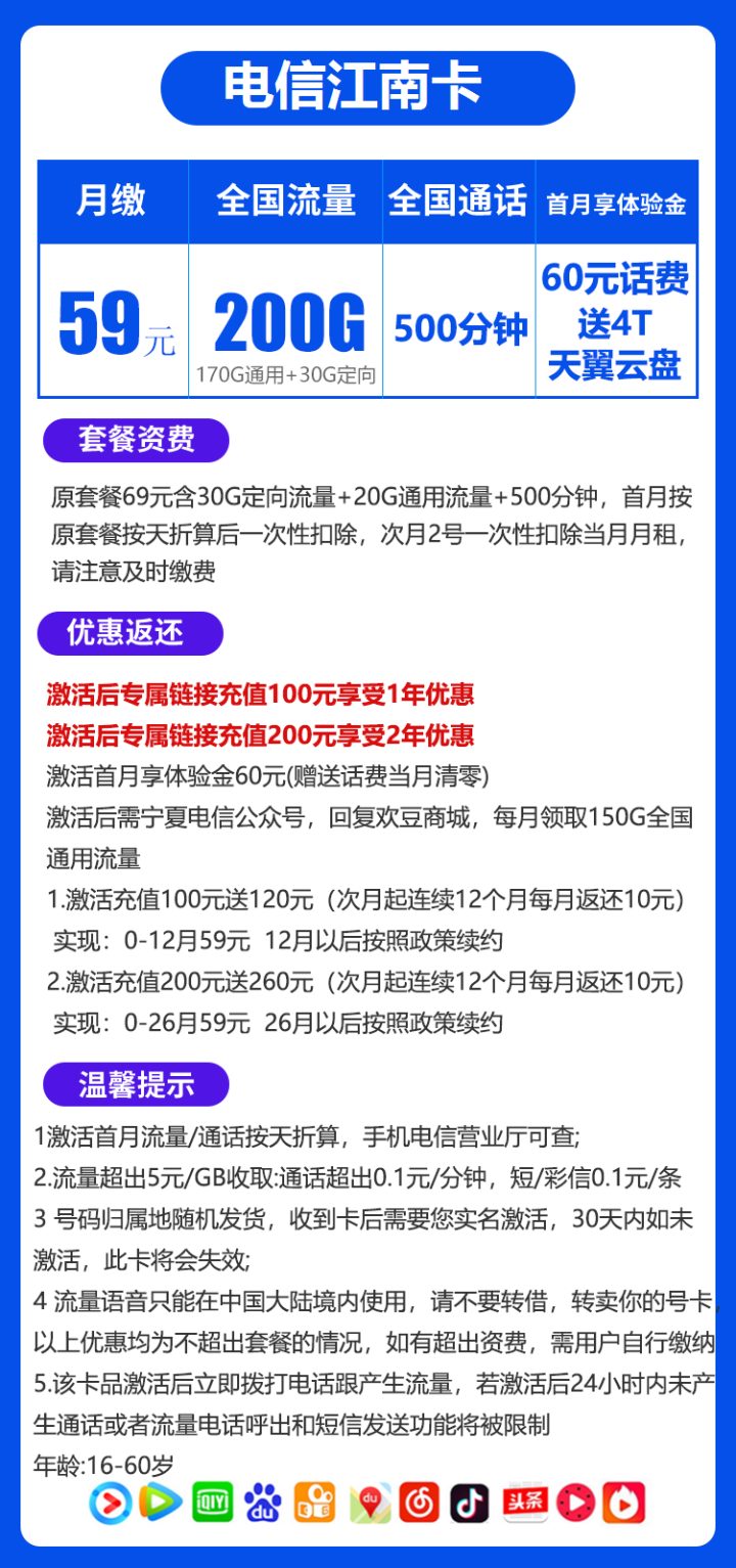 电信江南卡 59元包170G通用流量+30G定向流量+500分钟通话-2