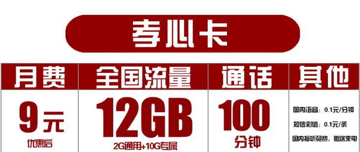 9元包12G全国流量+100分钟的联通亲子卡套餐详情