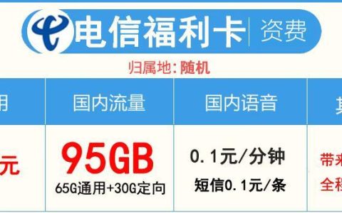 电信流量卡专享流量套餐，电信福利卡29元65G通用+30G定向+来电显示