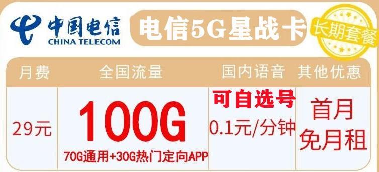 月租29电信流量卡能用吗，电信5G星战卡29元永久包100G全国+送30话费