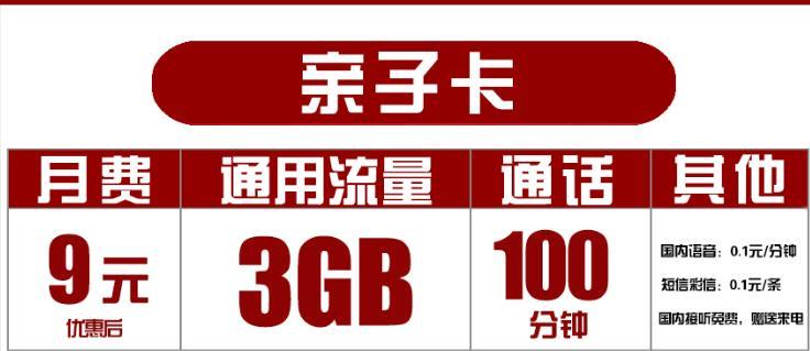 9元包12G全国流量+100分钟的联通亲子卡套餐详情