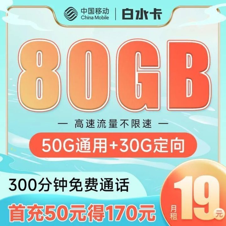 移动白水卡 19元80G全国流量+300分钟通话-1