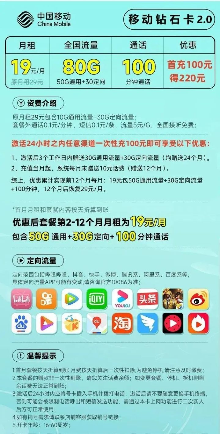 【移动钻石卡2.0】19元/月：50G全国流量+30G定向+100分钟（移动便宜好套餐别错过）-1