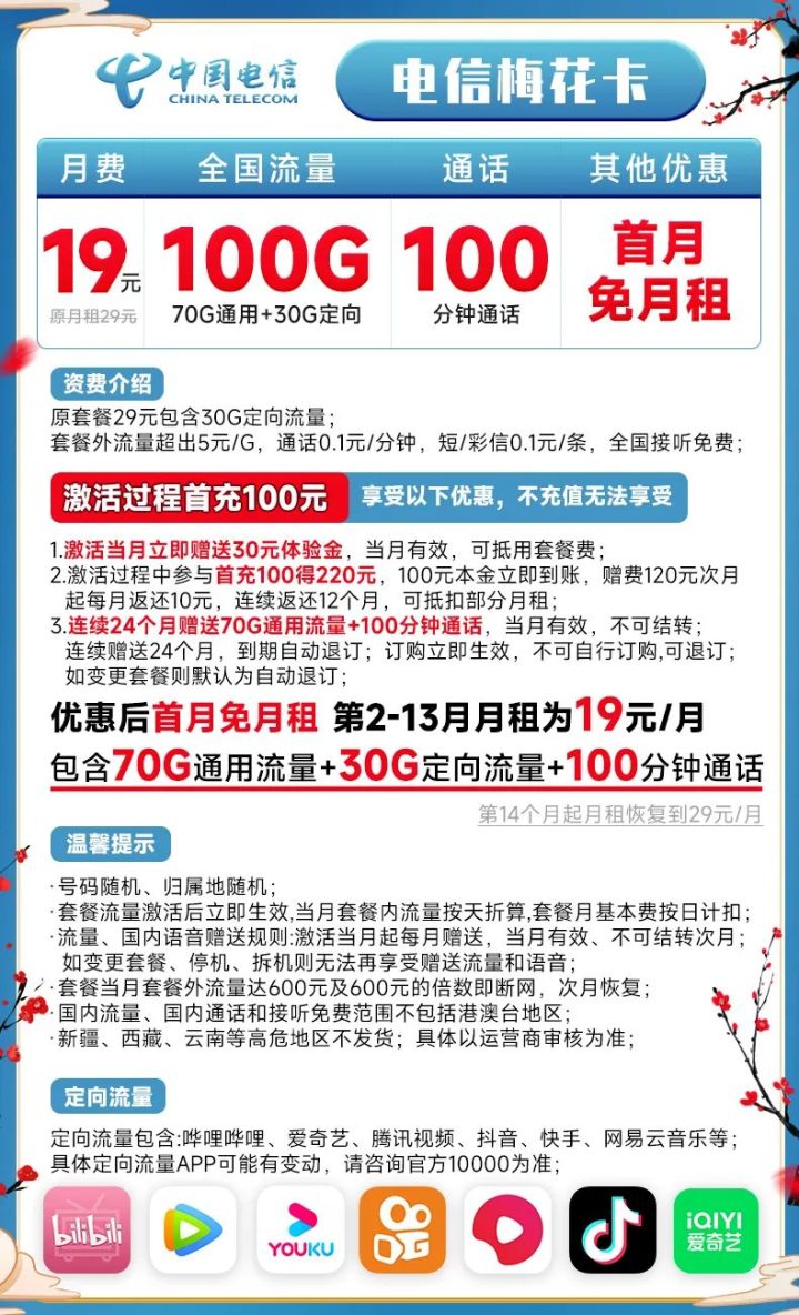 【电信梅花卡】19元/月：70G全国流量+30G定向+100分钟语音，低月租大流量卡-1