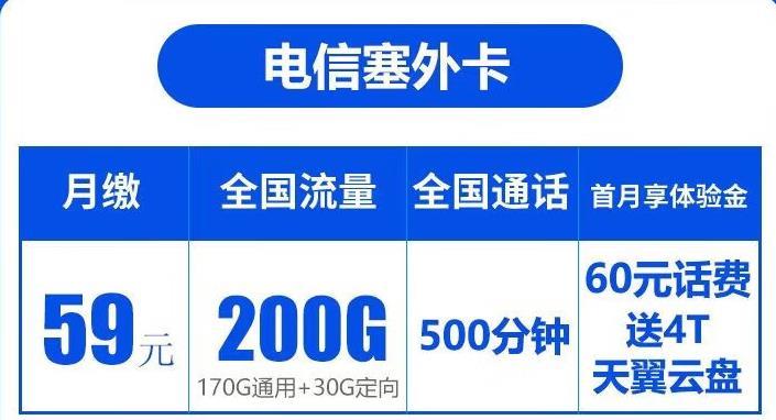 电信塞外卡，月缴59元，首月享体验金，60元话费送4T天翼