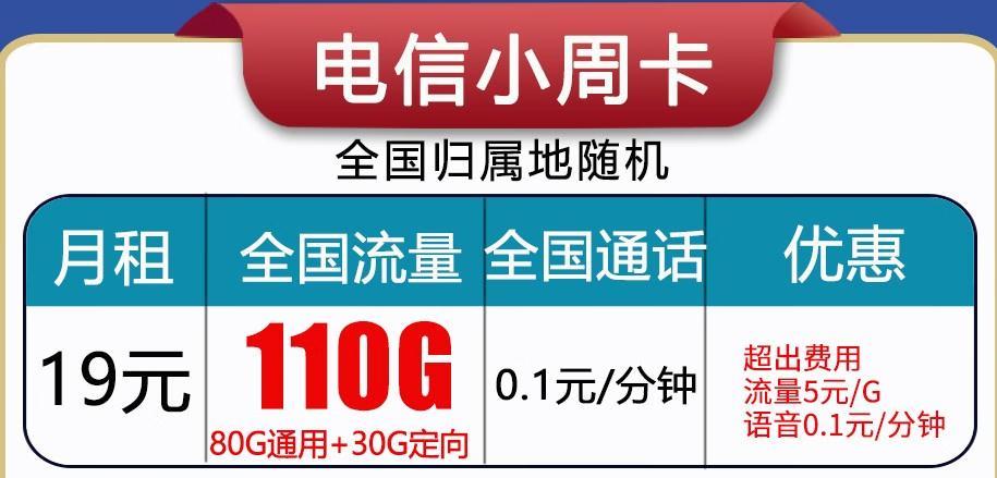 东莞电信月租19元110G流量不限速+送30费套餐