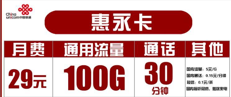 29元联通大流量卡套餐，惠永卡29包100G通用流量+30分钟长期套餐