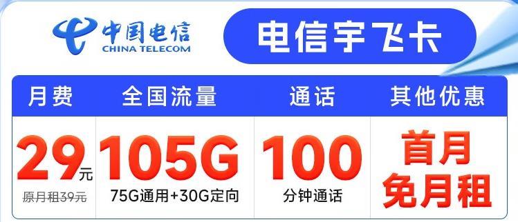 电信有没有高流量卡套餐，宇飞卡29元月租包105G+100分钟通话