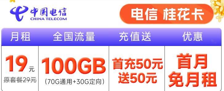 电信桂花卡，月租19元，全国流量100GB，首充50元