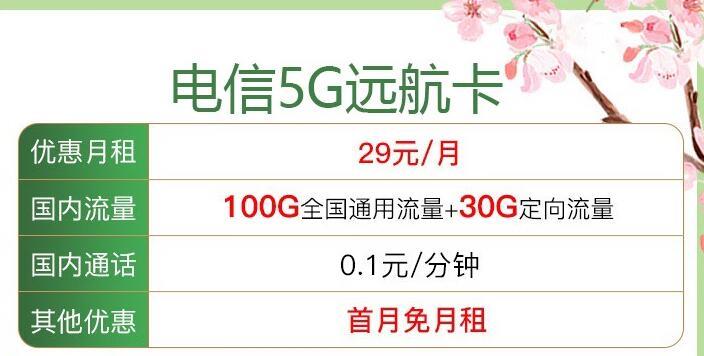 2023年有什么好用的5g流量卡？电信5G远航卡月租29元100G通用+30G定向+首免+长期套餐