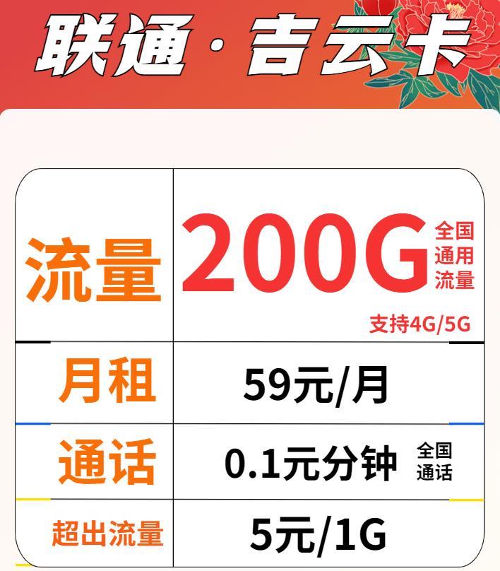 宁波鄞州联通流量卡|联通吉运卡-59元200G通用流量