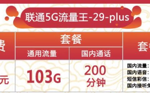 高性价比流量卡-联通5G流量王卡，每个月仅需29元