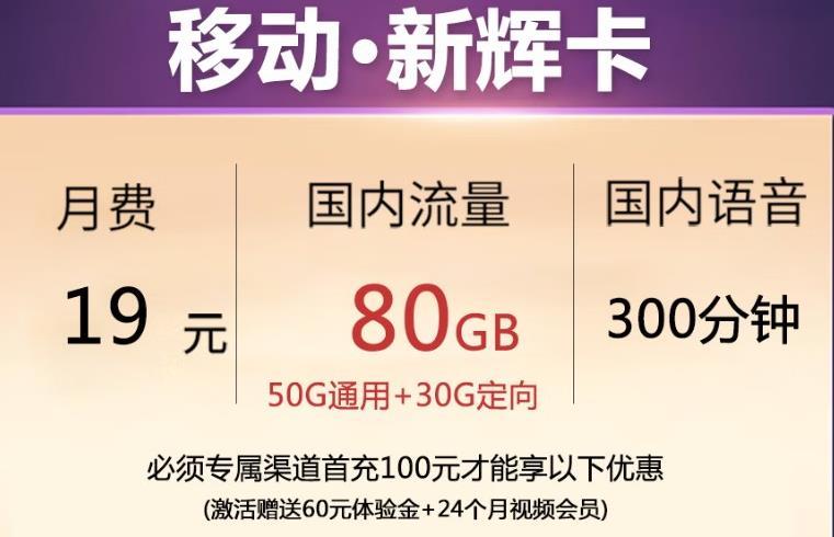 移动新辉卡月费 19元包80GB国内流量和300分钟语音