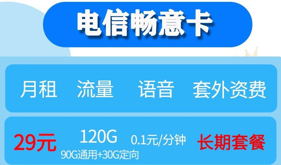 电信5G畅意卡-29元 120G流量600分钟通话