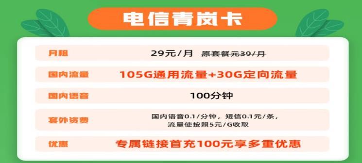 电信青岚卡29元/月，首充100元送120元