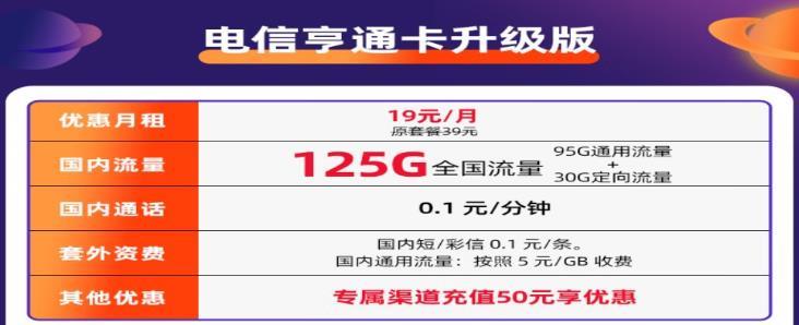 电信亨通卡升级版：19元125G流量+通话0.1元/分钟