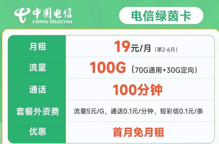 电信腊梅卡/绿茵卡月租19元/月，全国免费激活专属渠道