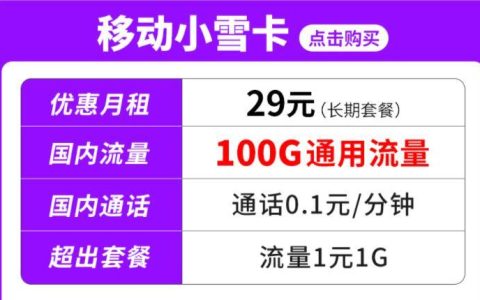 移动小雪卡-29元/月100G通用流量+0.1元1G套餐