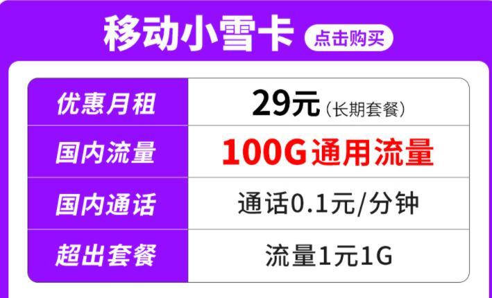 移动小雪卡-29元/月100G通用流量+0.1元1G套餐