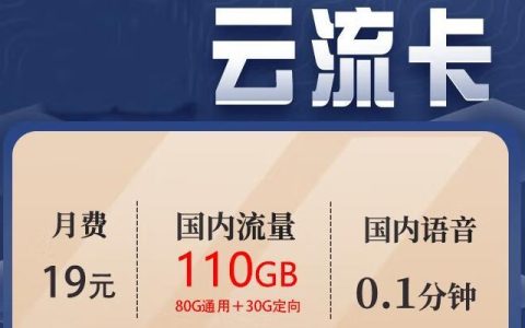 联通云流卡-19元 享110G流量+50分钟语音免费通话