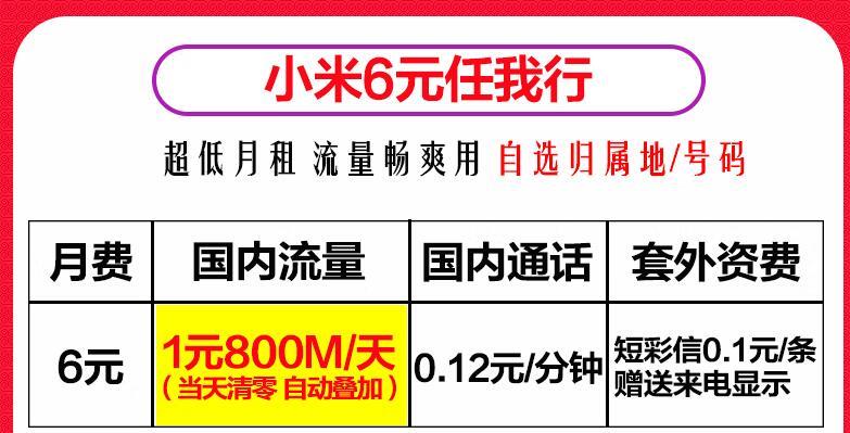 联通小米6元任我行-低月租流量畅爽用，1元一天畅享用