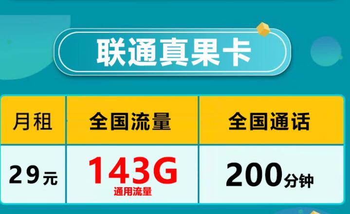 中国联通短期优惠套餐推荐|联通真果卡143G通用大流量+200分钟全国通话+29元/月