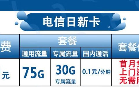 电信日新卡 9元可享75G通用+30G定向流量