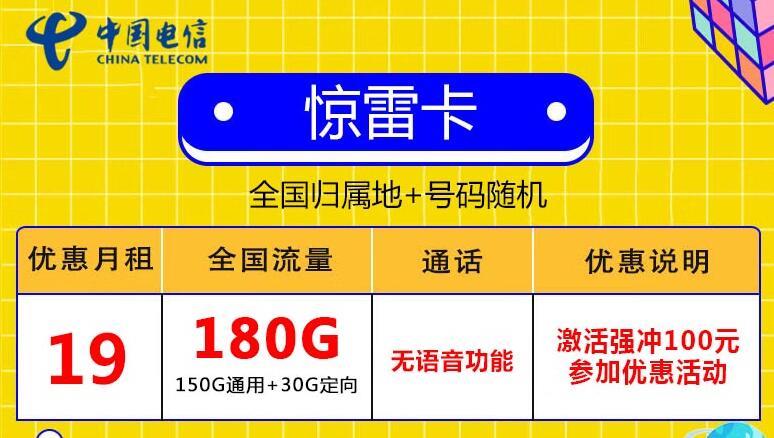 首月免费的19元大流量卡有吗？电信惊雷卡和月兔卡推荐