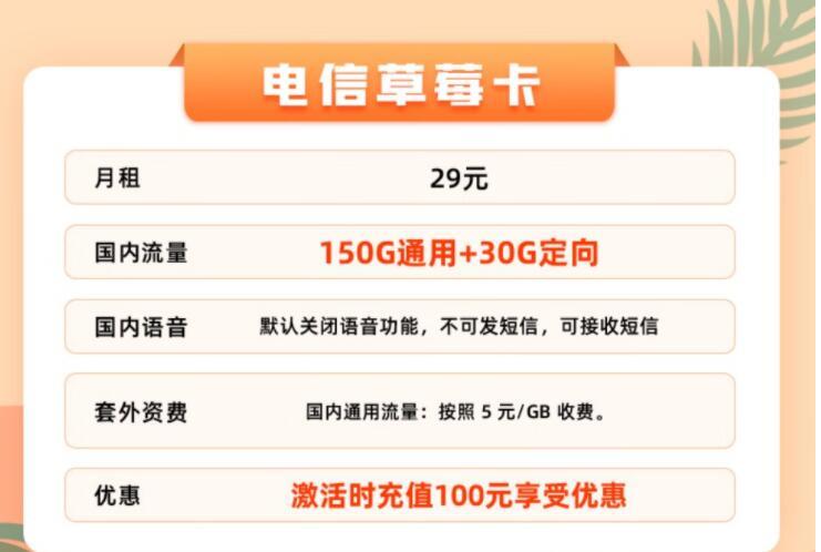 电信树莓卡|29元可享150G通用+30G定向流量+纯流量