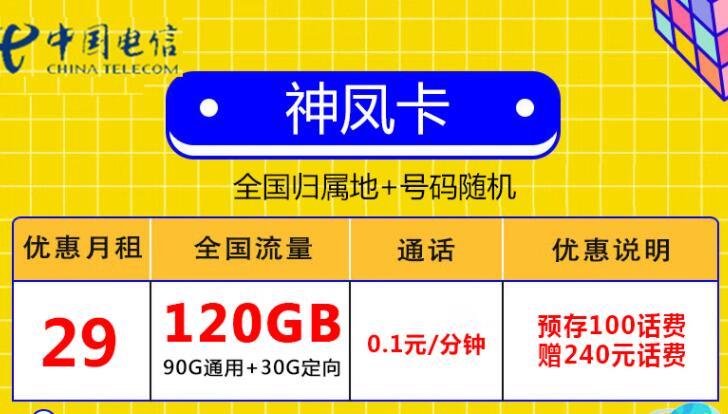 电信神凤卡|全国通用归属地随机29元/月可享120G流量