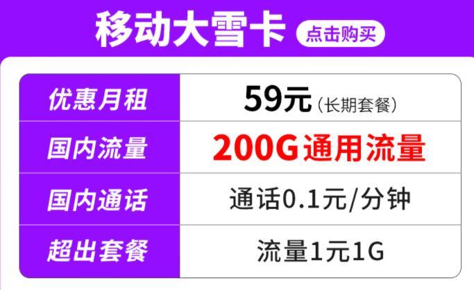 移动小雪卡-29元/月100G通用流量+0.1元1G套餐