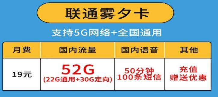 联通云流卡-19元 享110G流量+50分钟语音免费通话