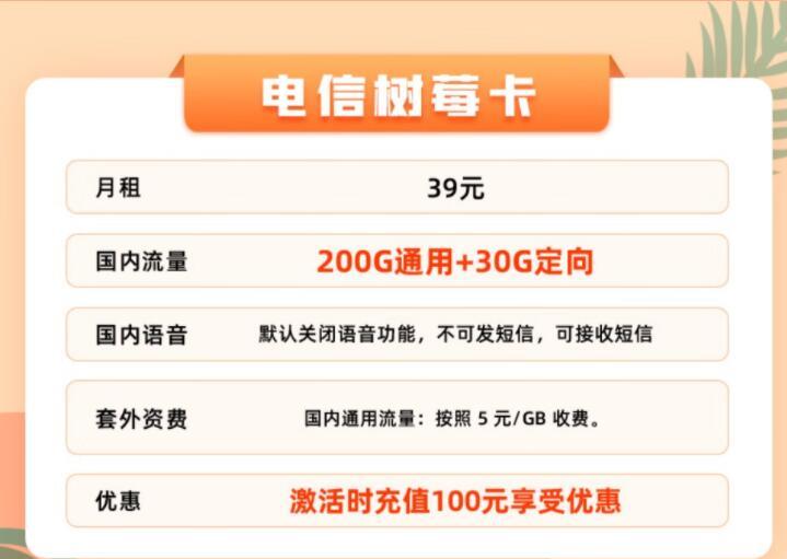 电信树莓卡|29元可享150G通用+30G定向流量+纯流量