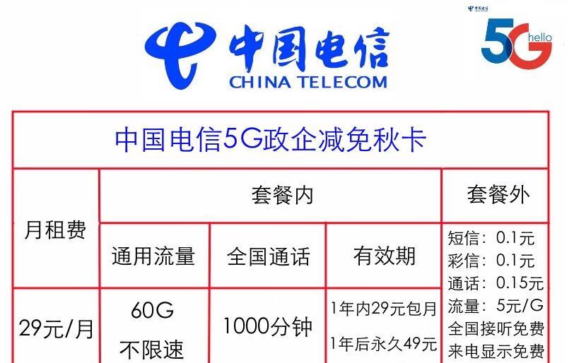 电信5G政企减免春卡|39元可享60G流量+1000分钟通话