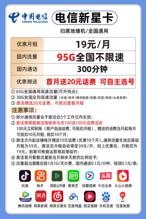 电信灿烂卡：19元155G流量+100分钟通话，高性价比流量卡