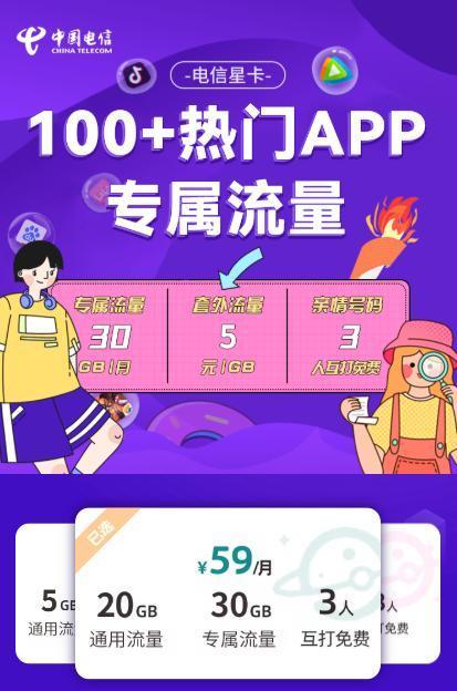 电信学霸星卡39元套餐定向app，流量免费用