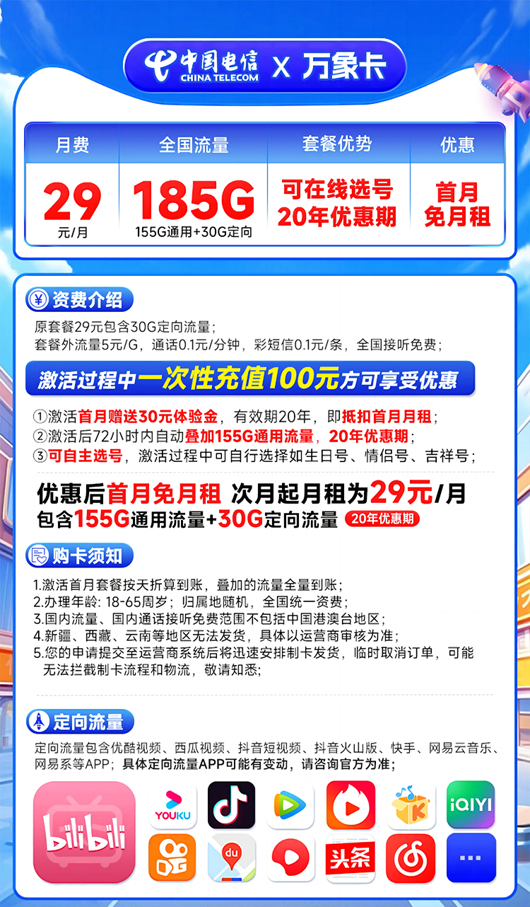 电信万象卡 29元185G流量（20年长期套餐，无需返费，可选号）