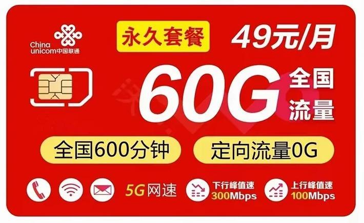 联通卡300g，流量无忧，月租9元